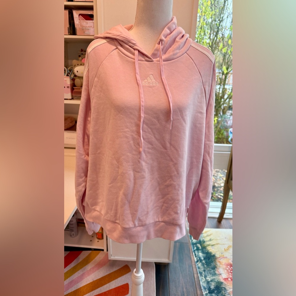 Adidas Pink White 3-Stripe Hoodie L — Jersey-Lined Hood